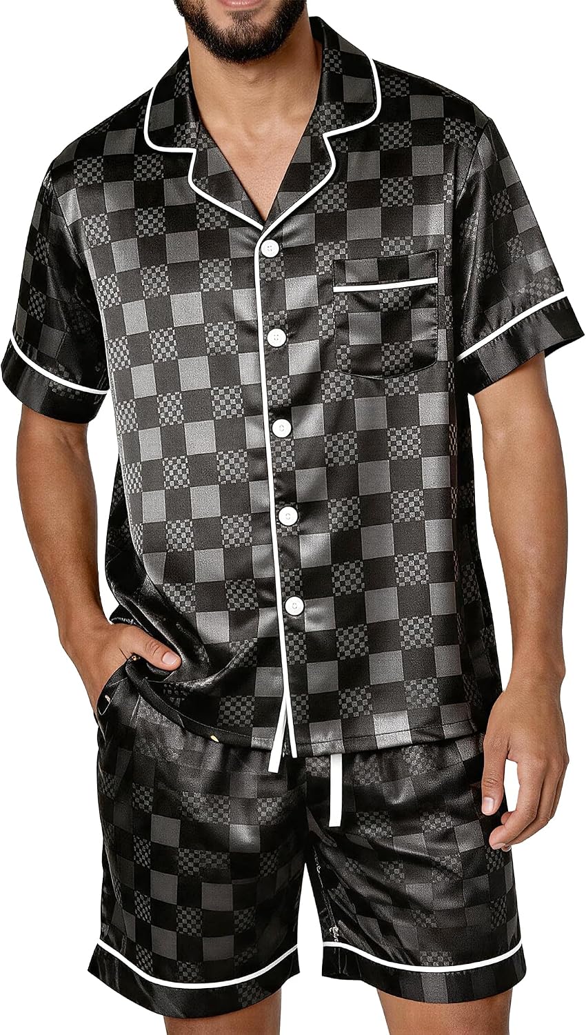 Men’s Summer Satin-Finish Button-Down Pajama Set