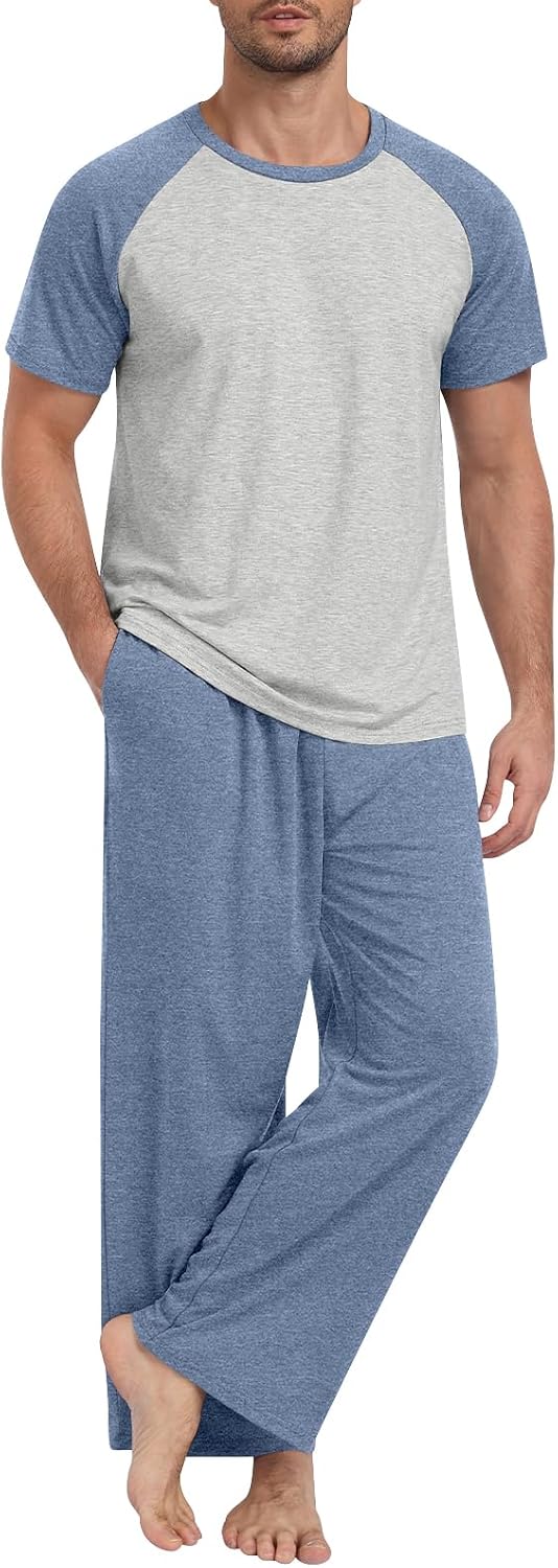 Mens Pajamas Set Lightweight Loungewear Short Sleeve Top and Pants Sleepwear