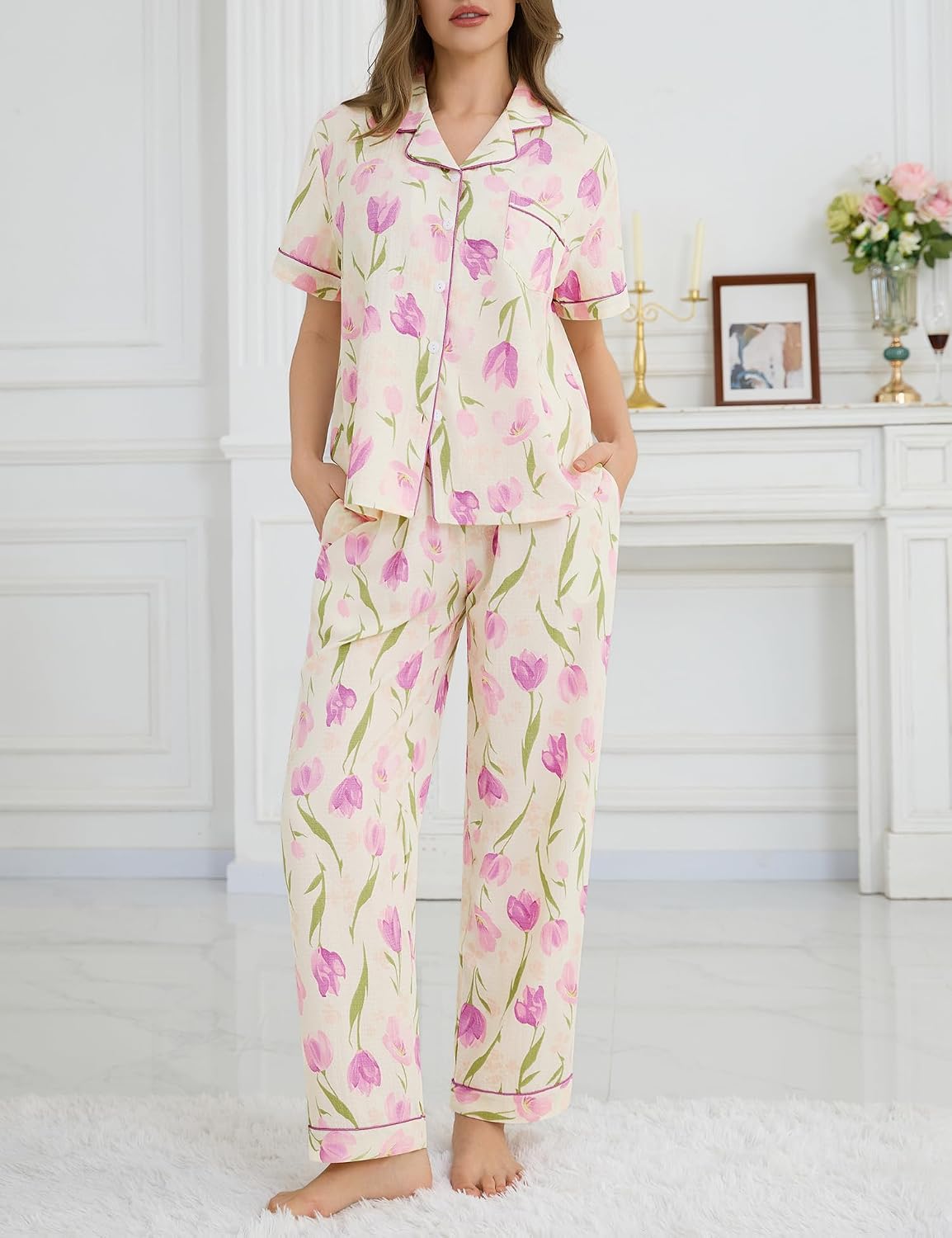 Womens 2 Piece Pajama Sets Short Sleeve Cute Pj Set Lounge Matching Button Shirt with Long Pants