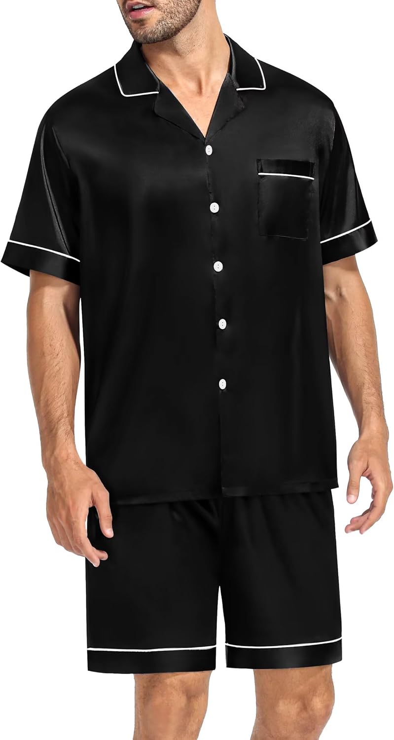 Men’s Satin-Finish Short-Sleeve Pajama Set with Pockets