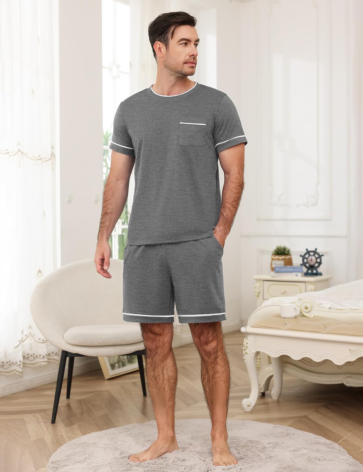 Mens Pajamas Set Cotton Shorts Set Short Sleeve Soft Sleepwear