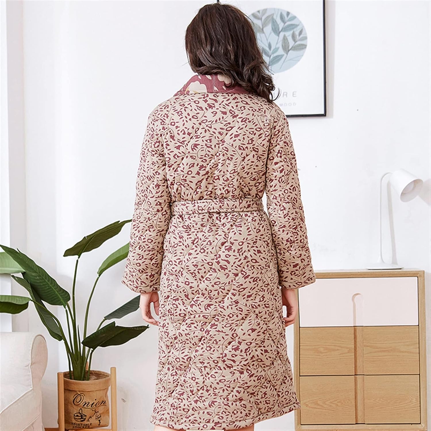 Women's Winter Warm Cotton Quilted Bathrobe Kimono Floral Dressing Gown