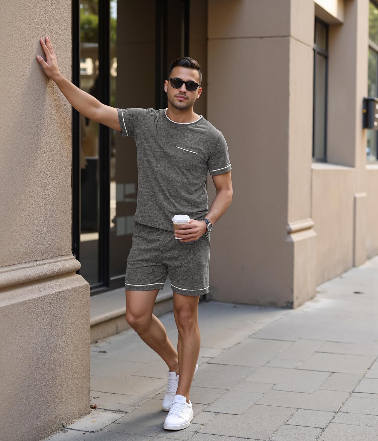 Mens Pajamas Set Cotton Shorts Set Short Sleeve Soft Sleepwear