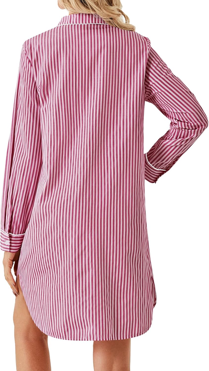 Women Cotton Striped Nightgown V Neck Long Sleeve Button Down