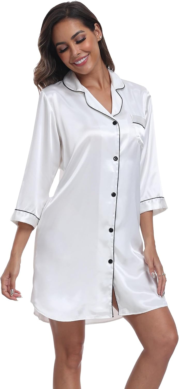 Women Satin Classic Button Down Nightgown Sleep Dress