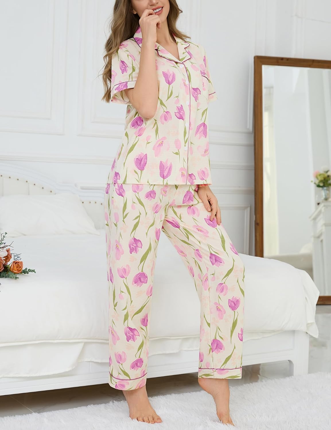 Womens 2 Piece Pajama Sets Short Sleeve Cute Pj Set Lounge Matching Button Shirt with Long Pants