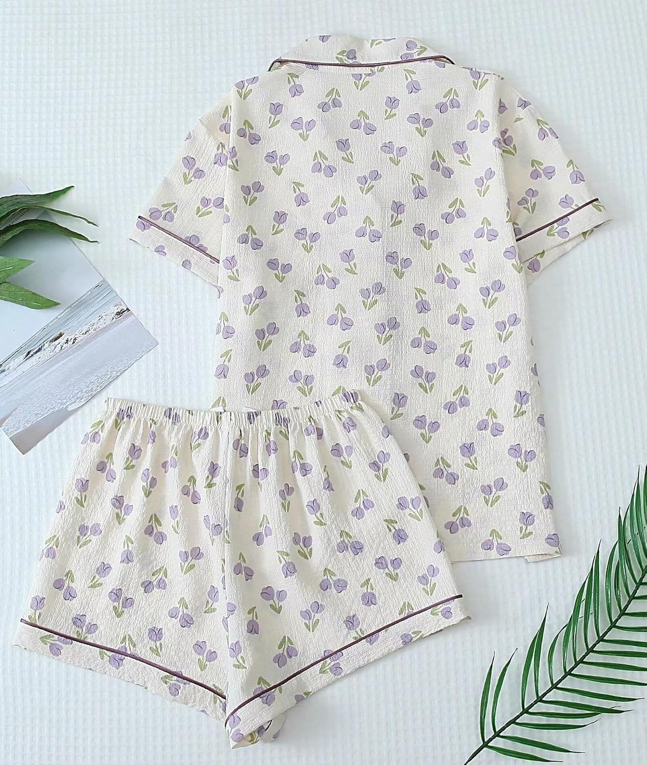 Womens 2 Piece Pajamas Sets Short Sleeve Cute Printed Sleepwear Button Down Shirt with Lounge Shorts Set