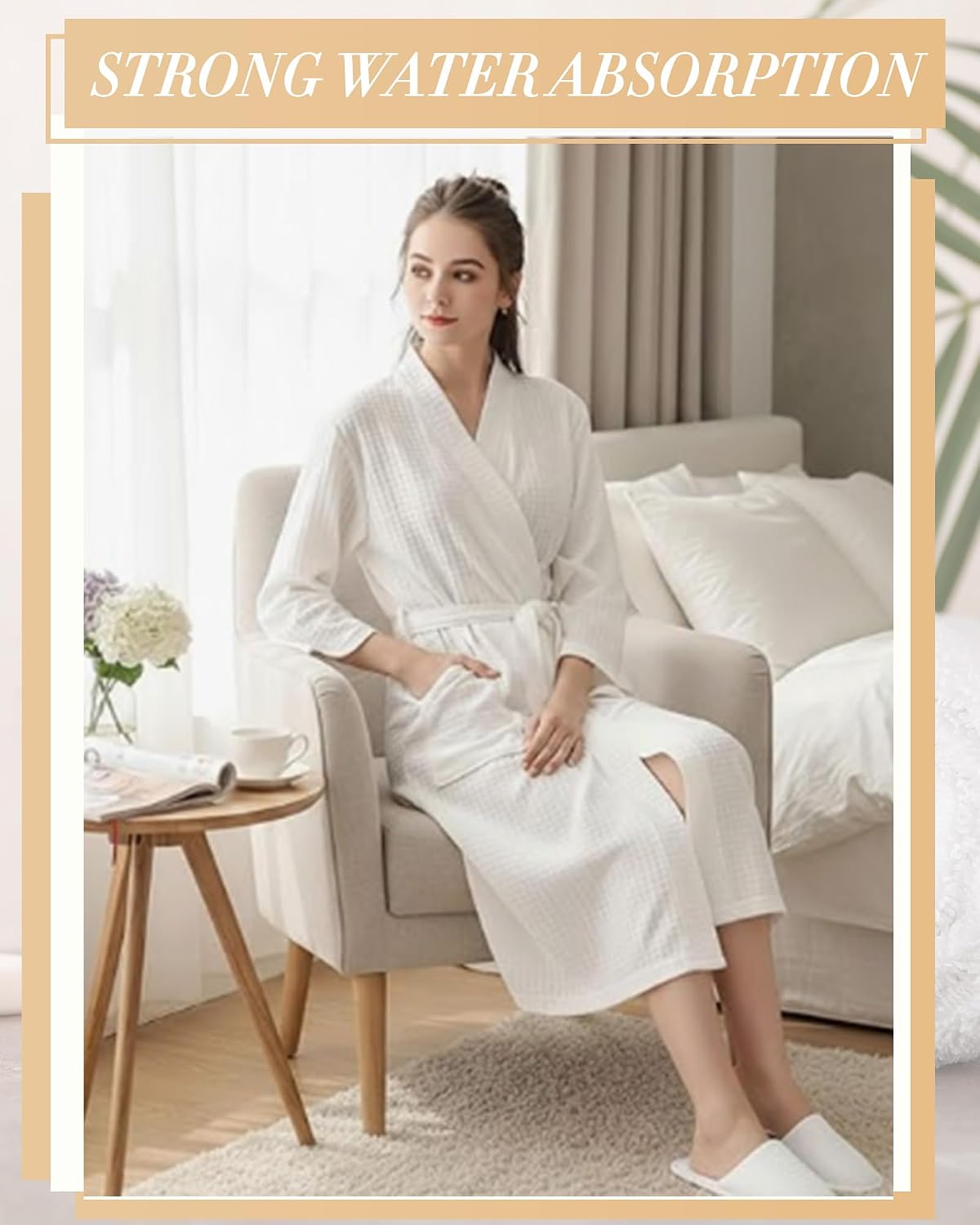 Women's Waffle Knit Spa Robe Kimono Style Lightweight Quick Dry with Belt