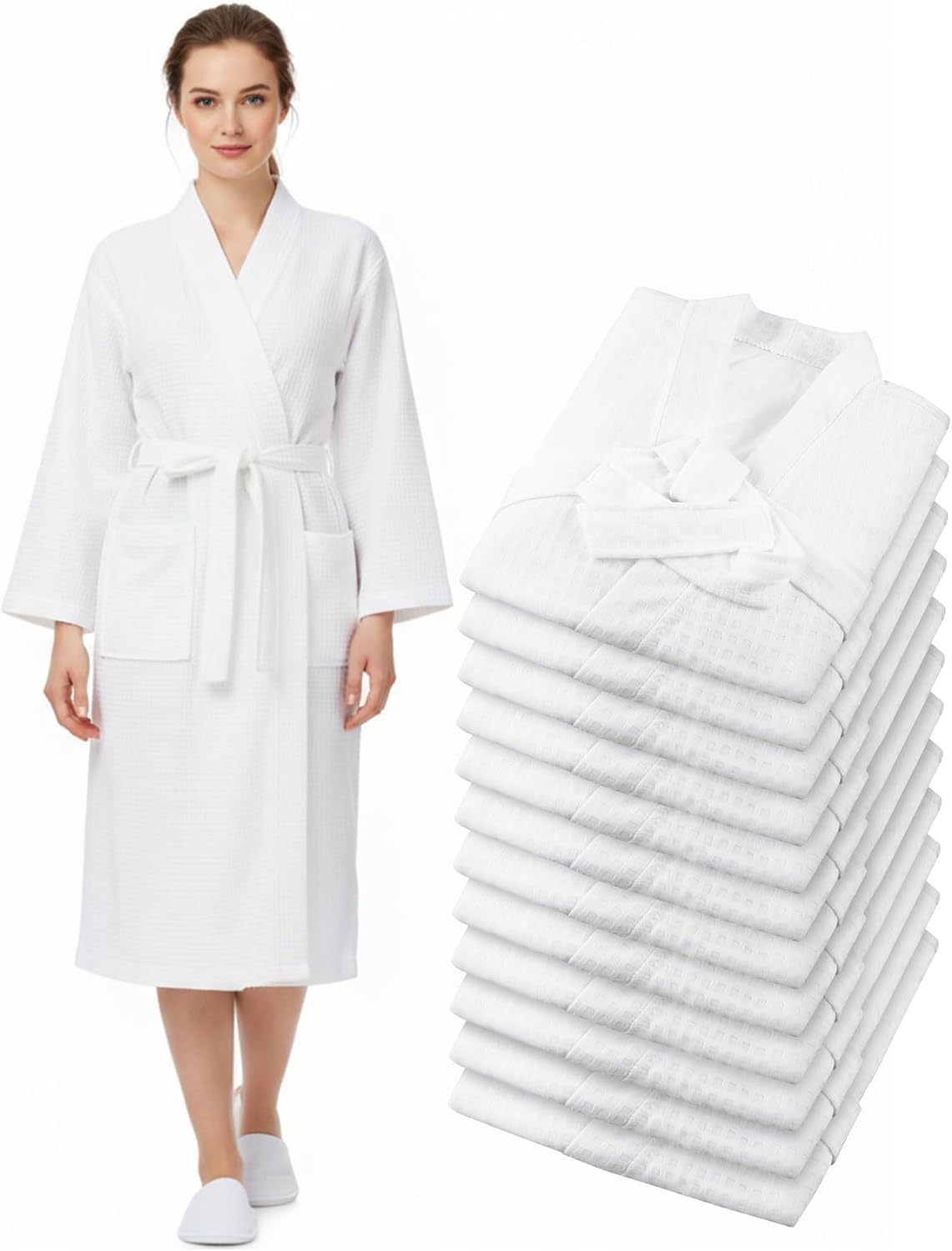 Women's Waffle Knit Spa Robe Kimono Style Lightweight Quick Dry with Belt