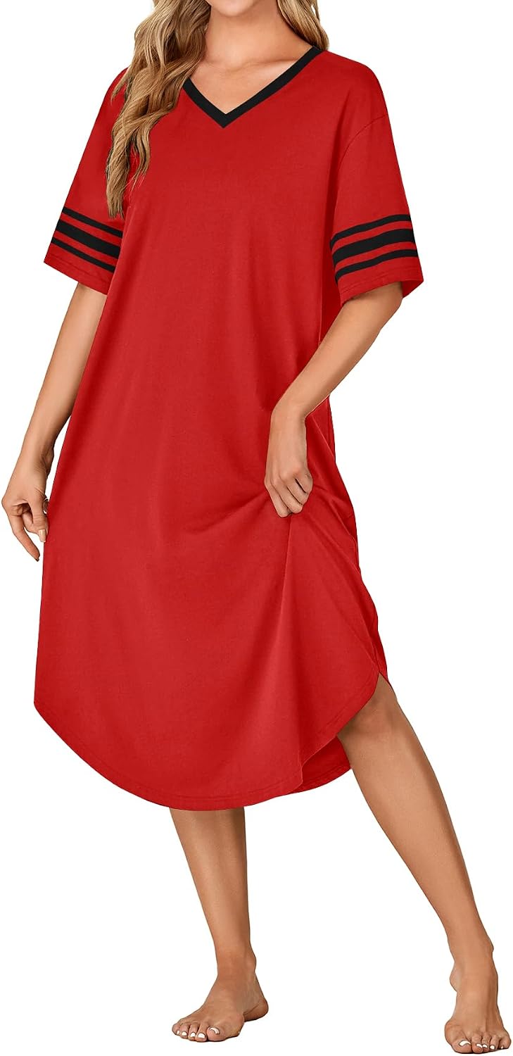 Women V Neck Short Sleeve Nightgown Sleep Shirt Loungewear