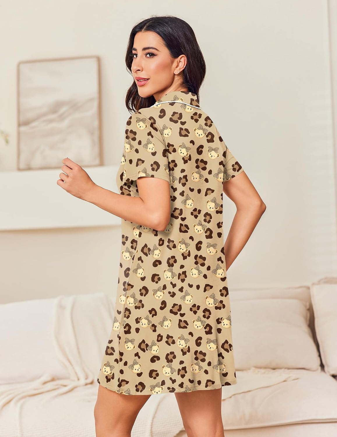 Women Button Down Nightgown Short Sleeve Notch Collar Sleep Shirt