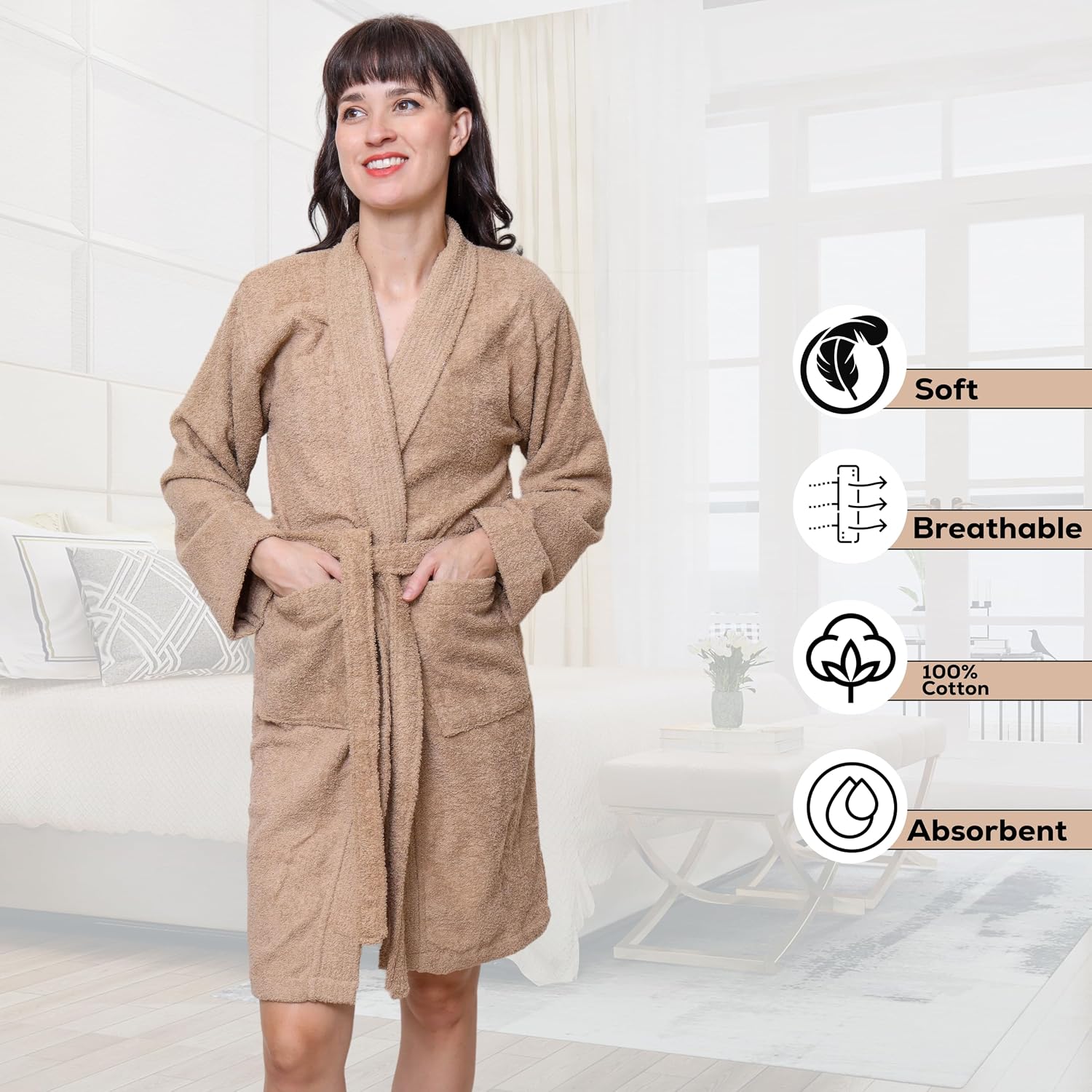 Women's Terry Cloth Robe Lightweight Short Bathrobe with Belt