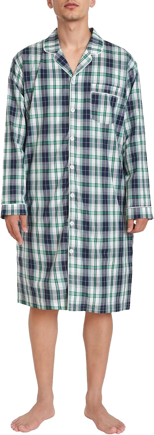 Men's Cotton Long Sleeve Button Down Nightshirt