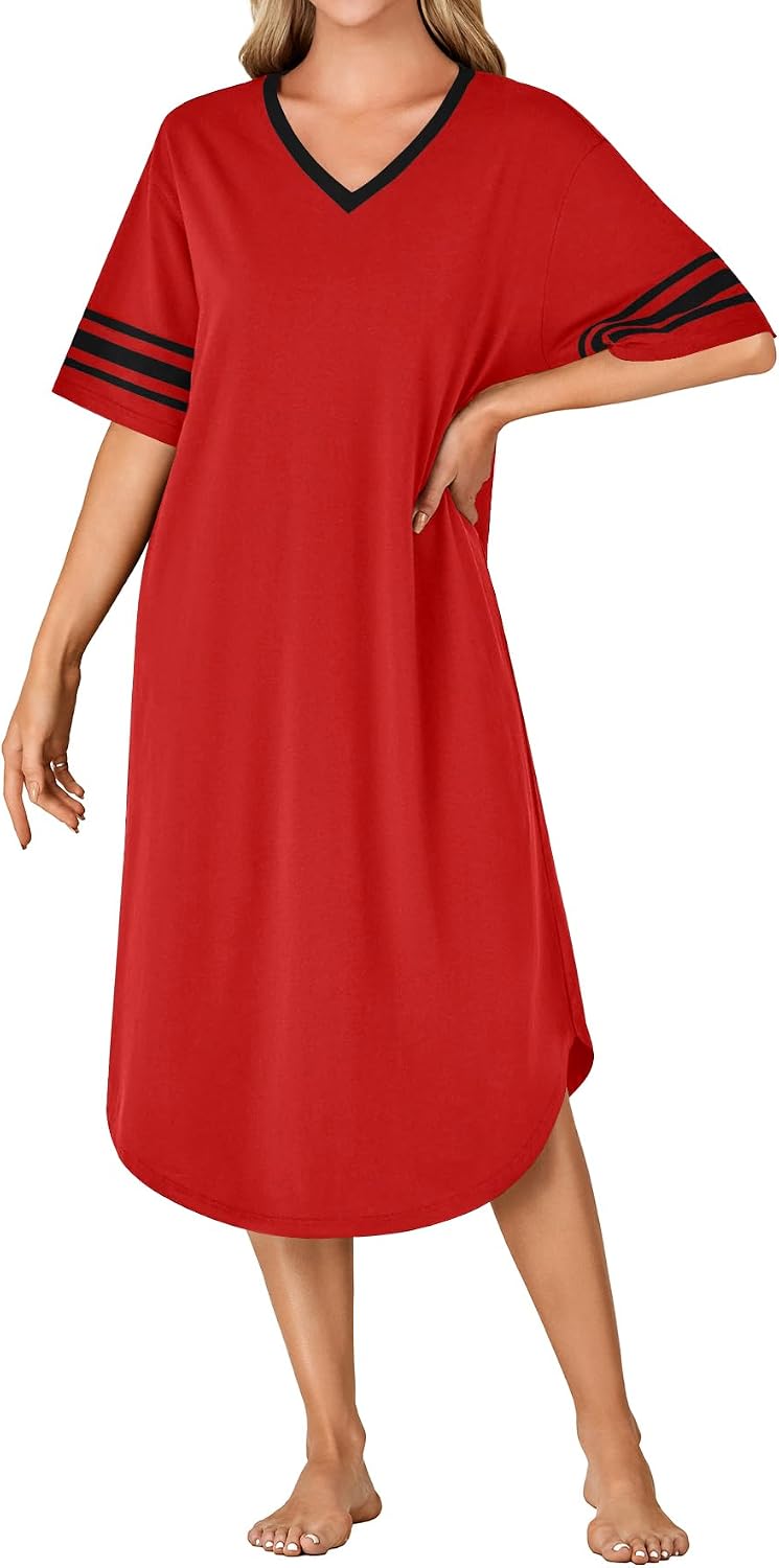 Women V Neck Short Sleeve Nightgown Sleep Shirt Loungewear