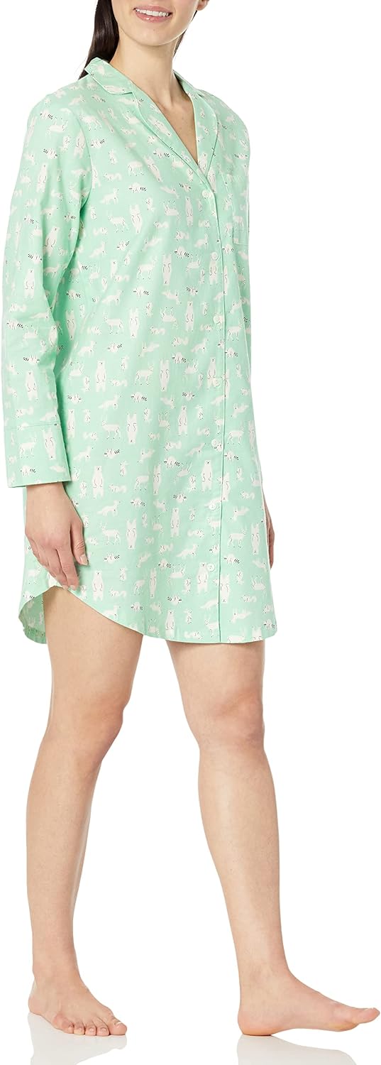 Women Woven Flannel Notch Collar Nightgown