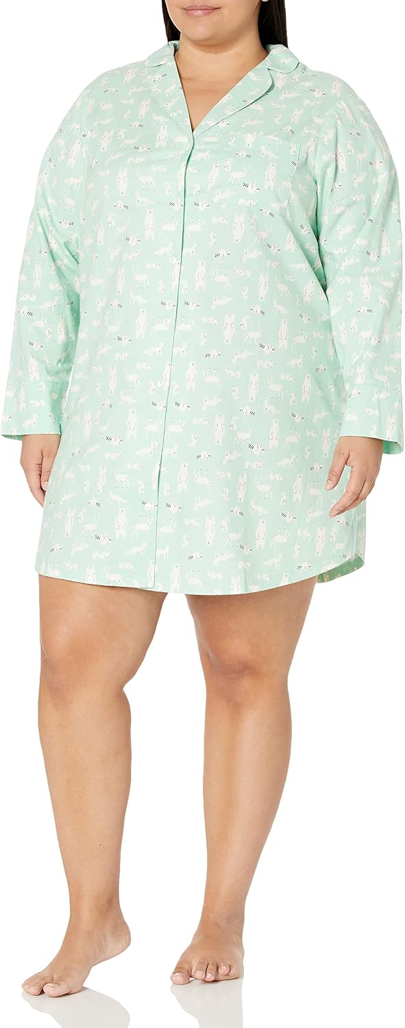 Women Woven Flannel Notch Collar Nightgown