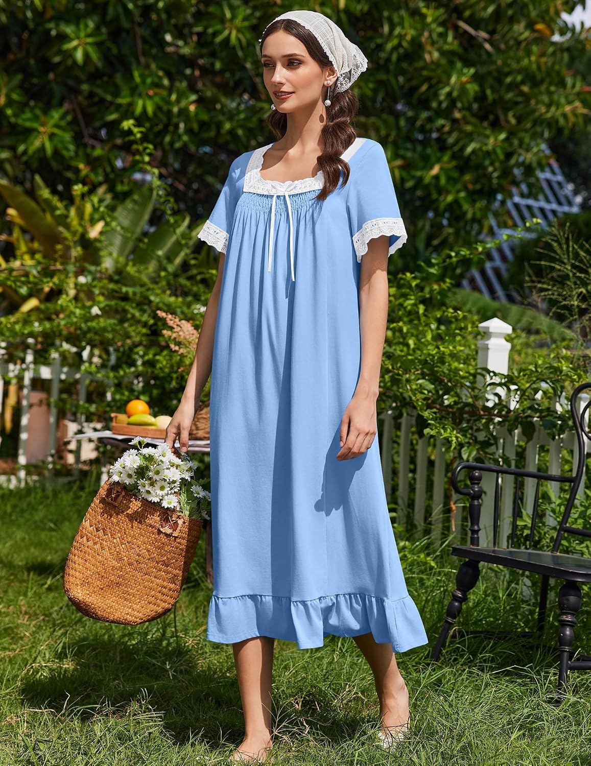 Women Cotton Vintage Victorian Nightgown Short Sleeve Lace