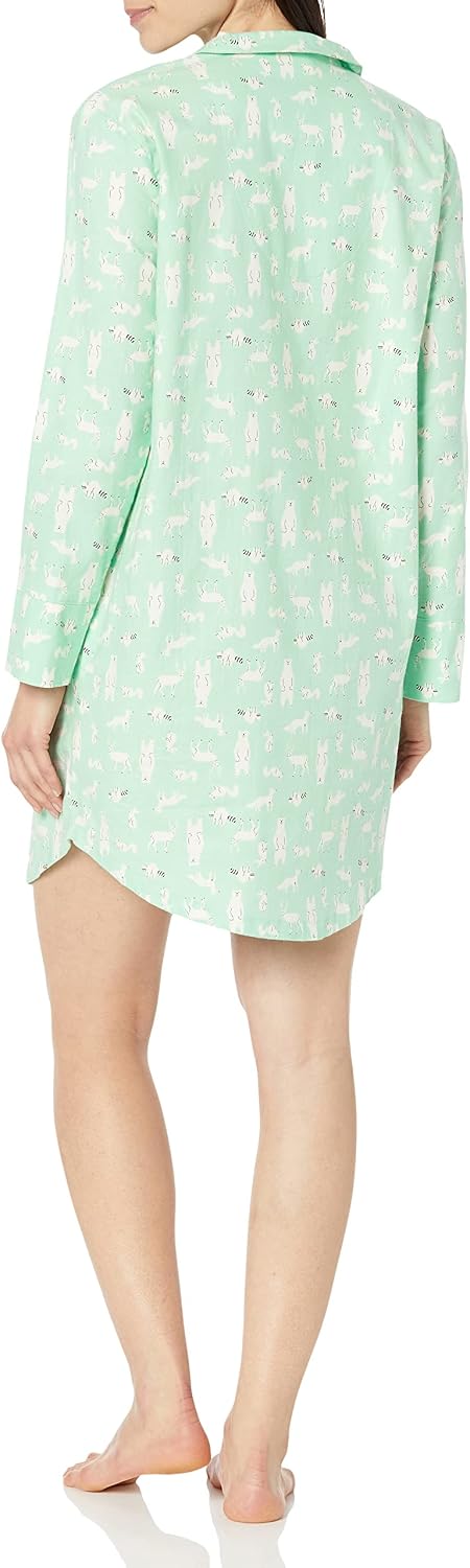 Women Woven Flannel Notch Collar Nightgown