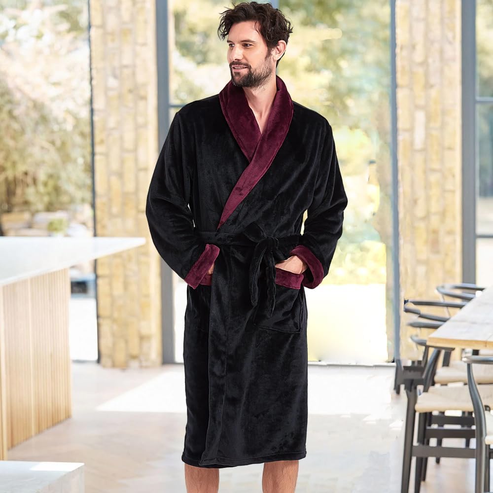 Men's Fleece Hooded Shawl Collar Bathrobe Men's Fleece Hooded Shawl Collar Bathrobe