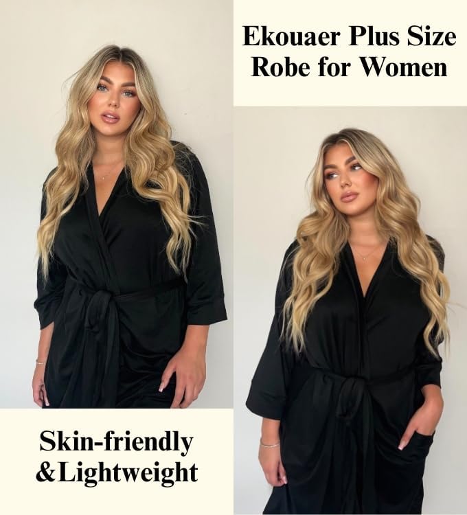 Women’s Plus-Size Knee-Length Kimono Robe with Pockets