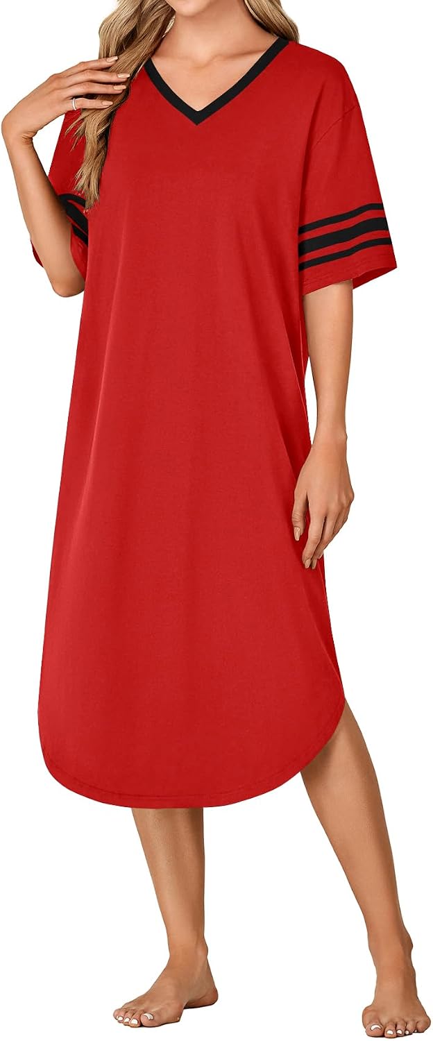 Women V Neck Short Sleeve Nightgown Sleep Shirt Loungewear