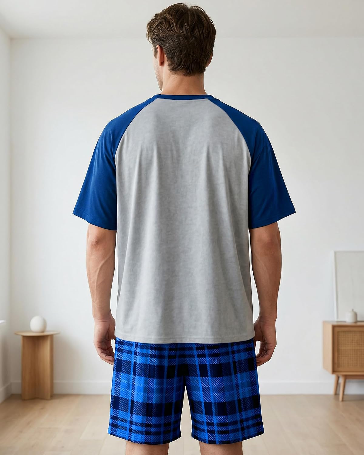 Mens Pajamas Set Soft Short Sleeve Plaid Sleepwear with Pockets