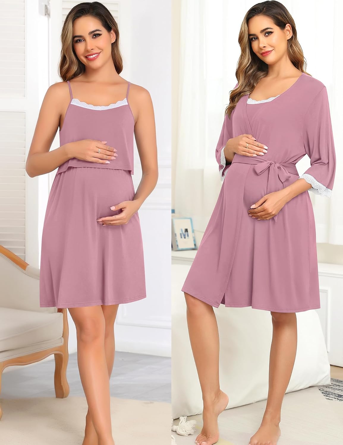 Women’s Double-Layer Lace-Trim Robe & Gown Set