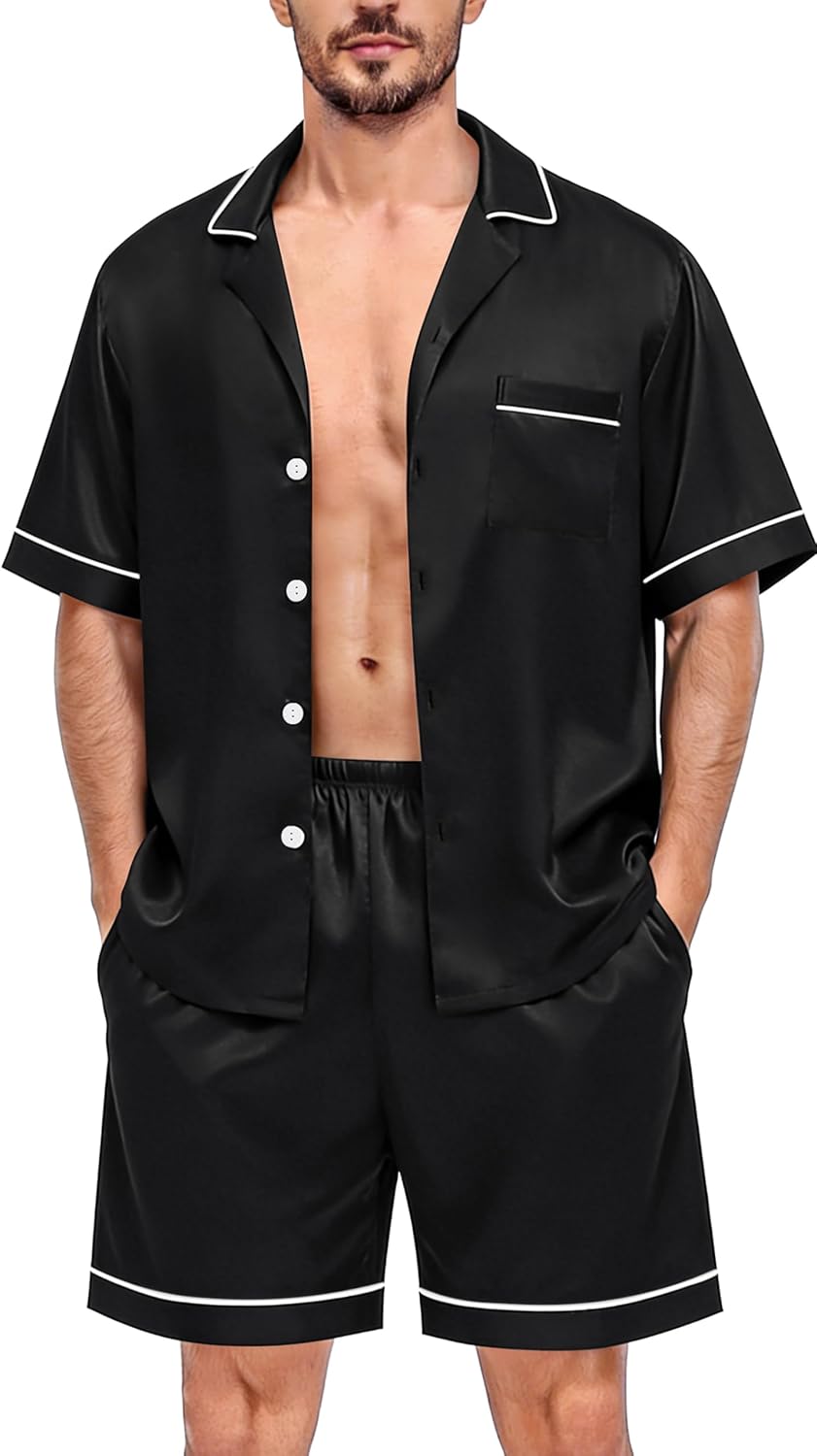 Men’s Satin-Finish Short-Sleeve Pajama Set with Pockets