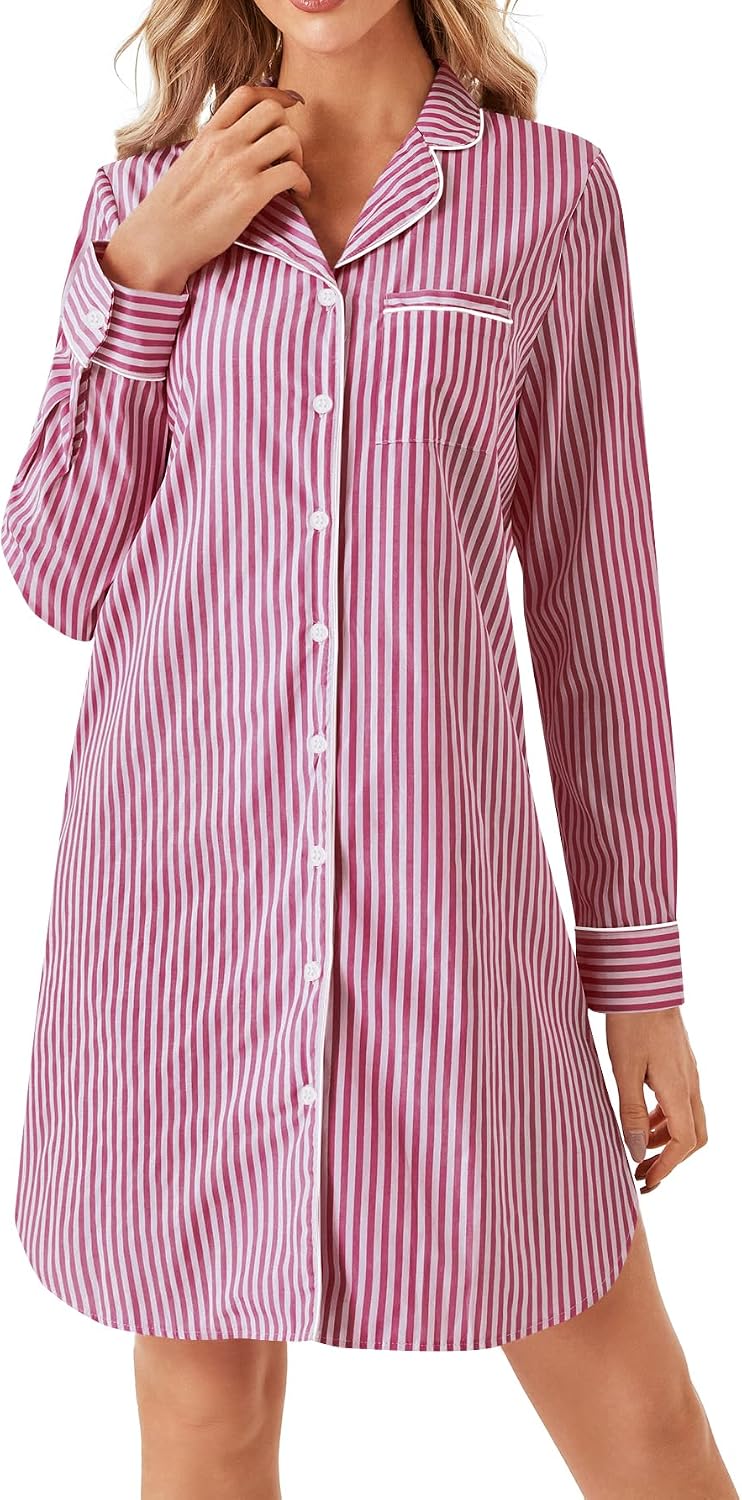 Women Cotton Striped Nightgown V Neck Long Sleeve Button Down