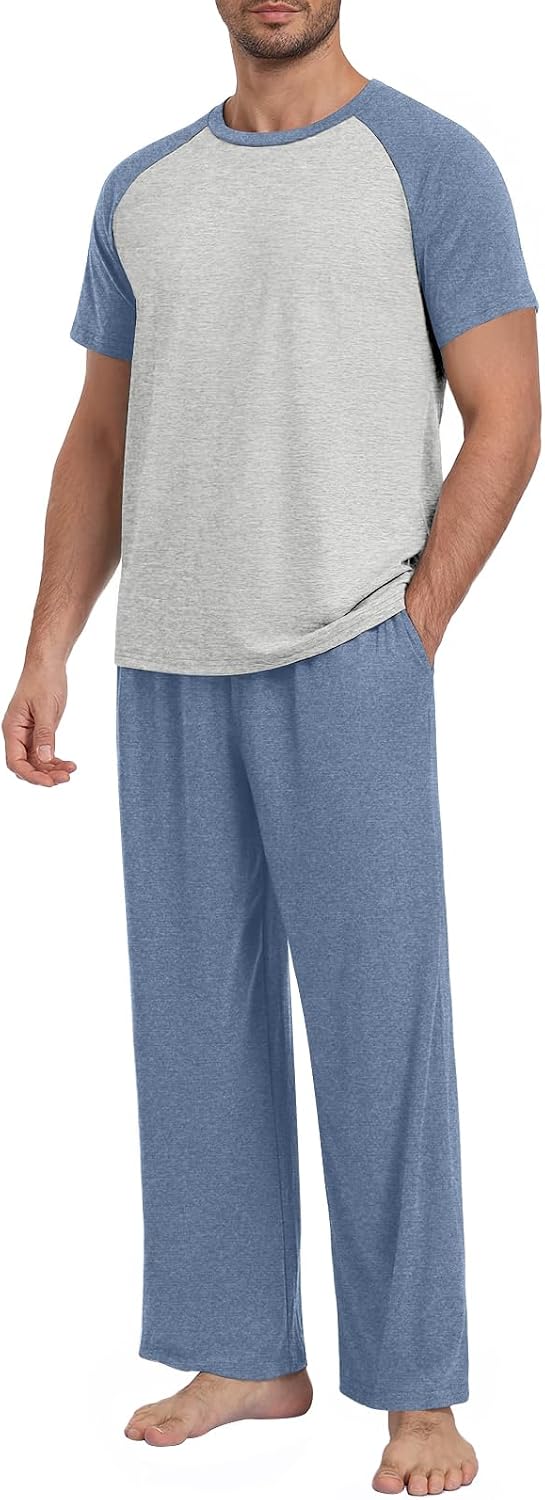 Mens Pajamas Set Lightweight Loungewear Short Sleeve Top and Pants Sleepwear