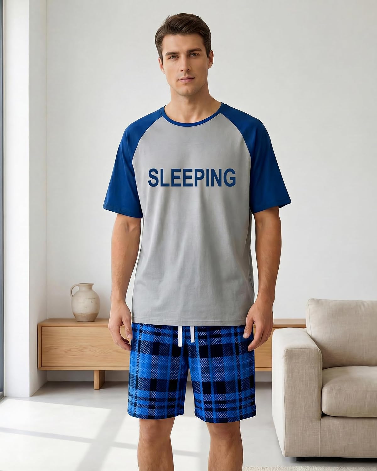 Mens Pajamas Set Soft Short Sleeve Plaid Sleepwear with Pockets