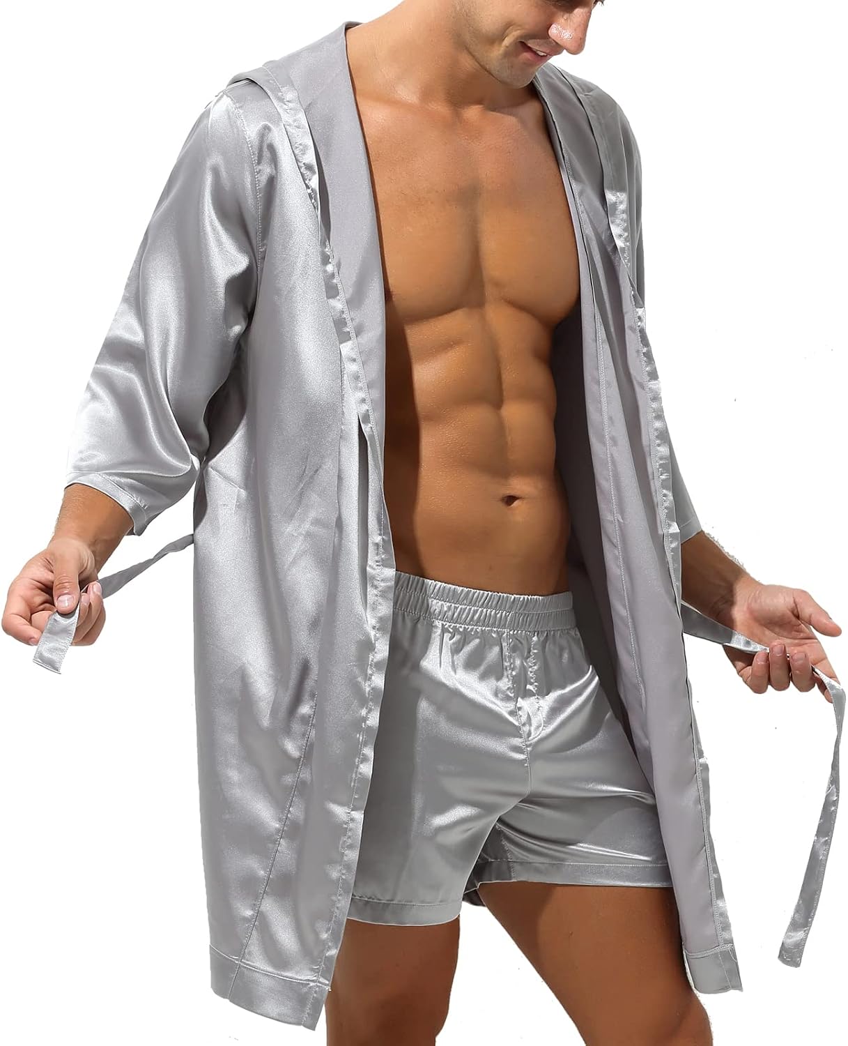 Men's Satin Hooded Bathrobe with Shorts Men's Satin Hooded Bathrobe with Shorts