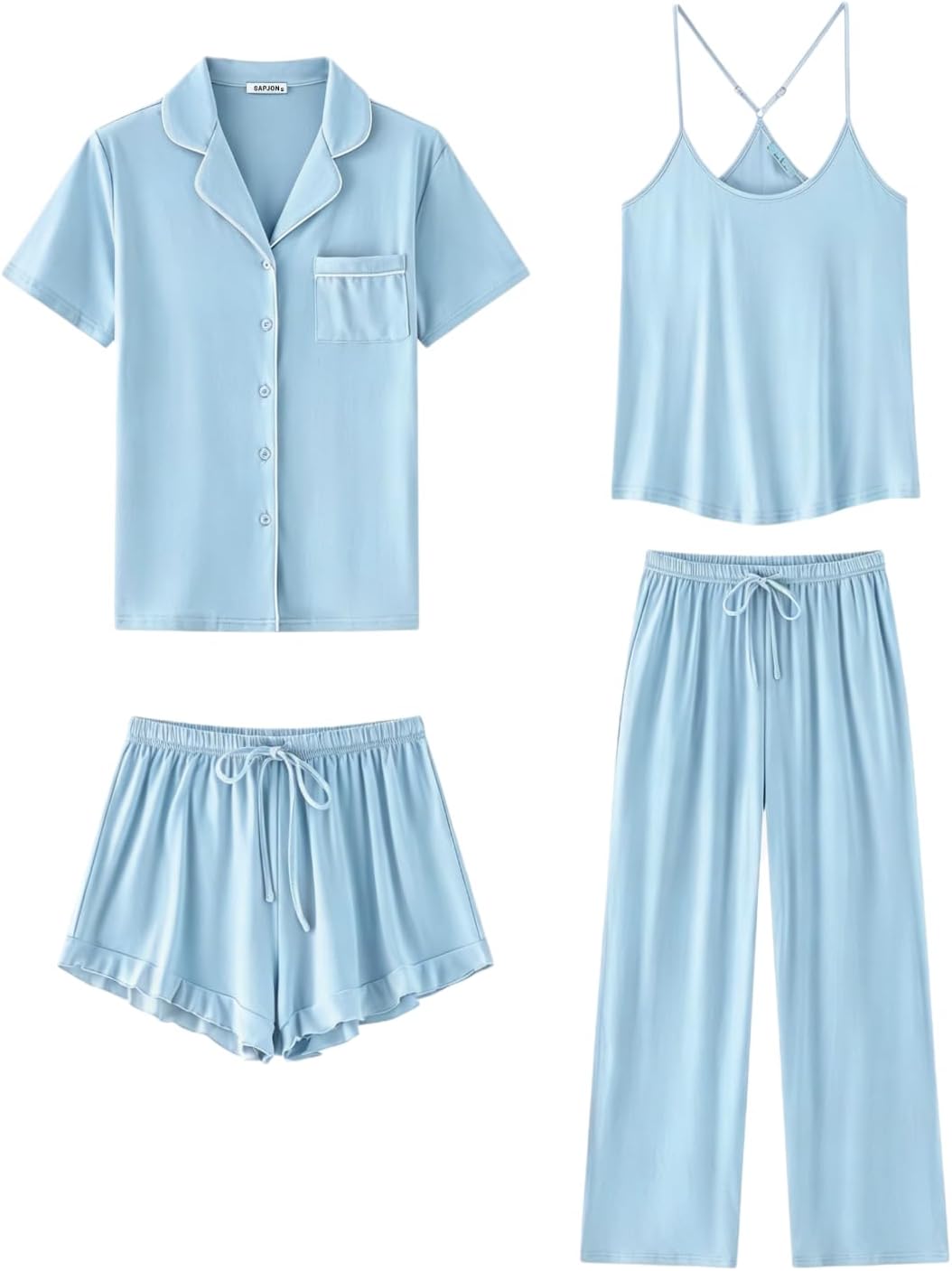 Womens Button Down Pajama Set Short Sleeve Top Cami Ruffle Shorts
