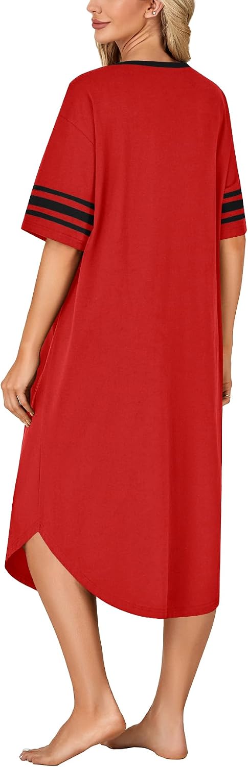Women V Neck Short Sleeve Nightgown Sleep Shirt Loungewear