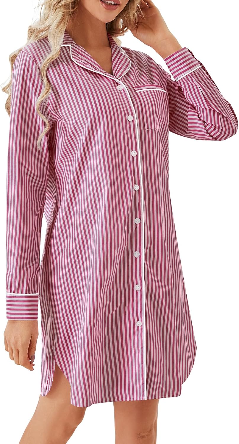 Women Cotton Striped Nightgown V Neck Long Sleeve Button Down Women Cotton Striped Nightgown V Neck Long Sleeve Button Down