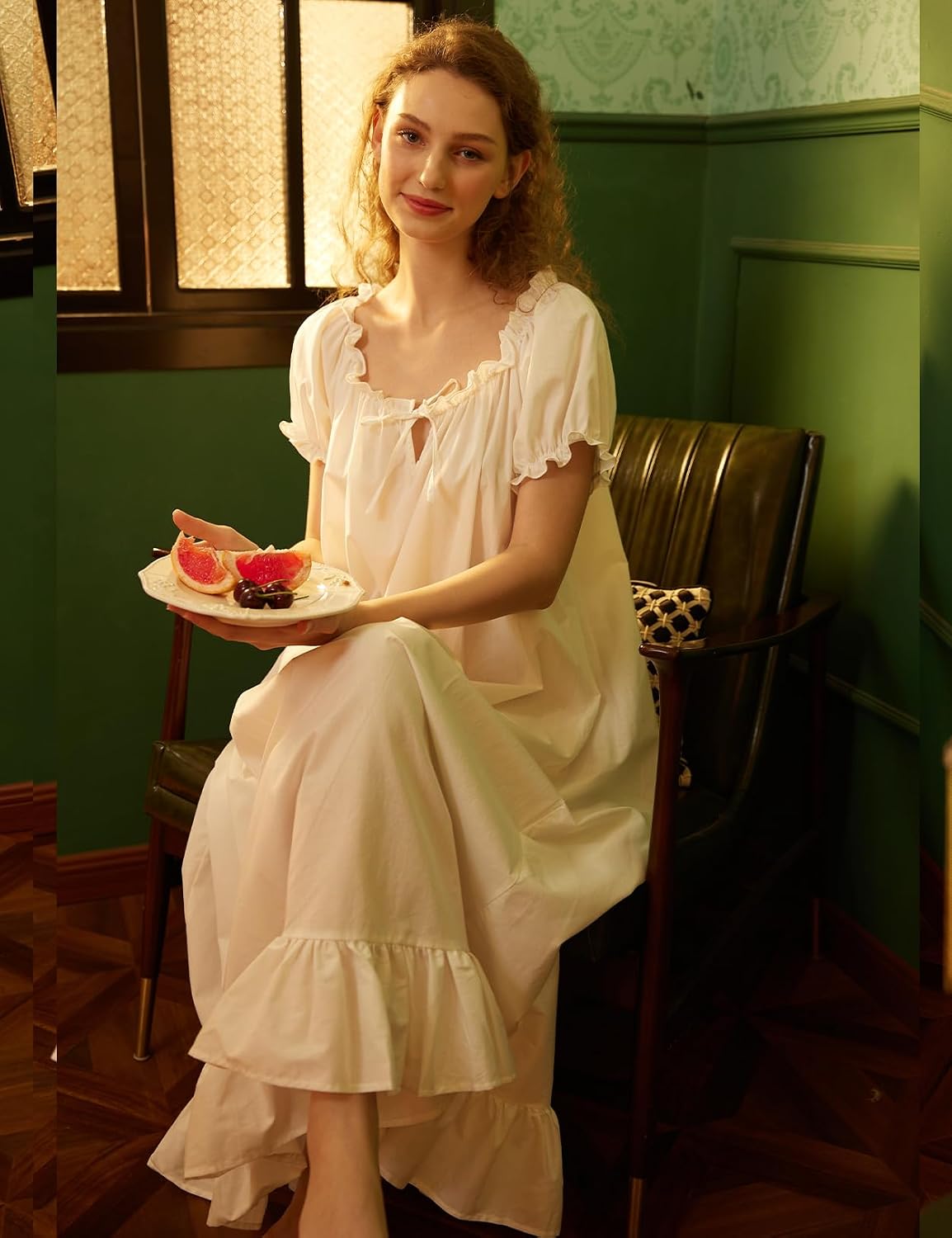 Women Cotton Vintage Victorian Nightgown Short Sleeve Lounge Dress