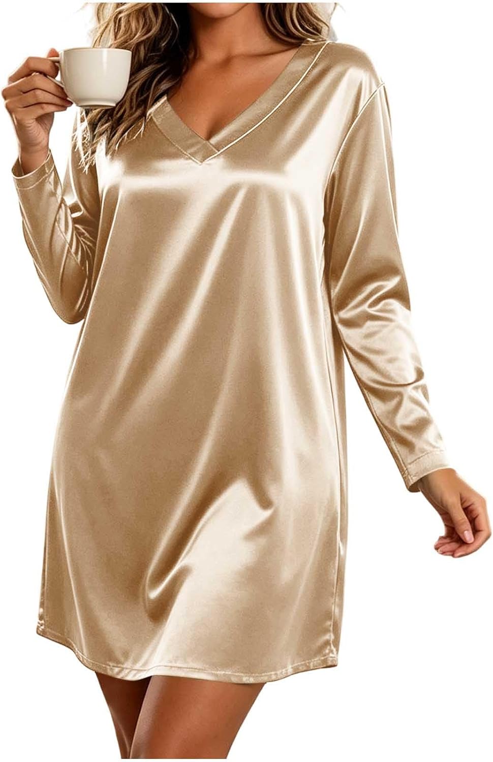 Women's Satin V Neck Long Sleeve Nightgown