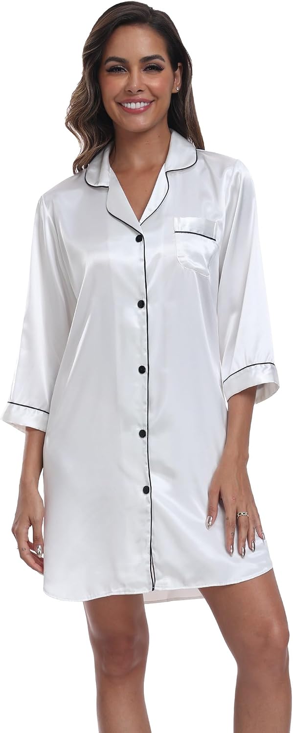 Women Satin Classic Button Down Nightgown Sleep Dress