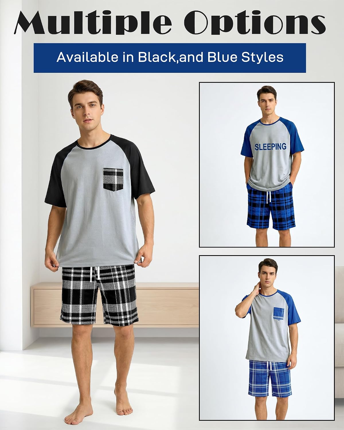 Mens Pajamas Set Soft Short Sleeve Plaid Sleepwear with Pockets