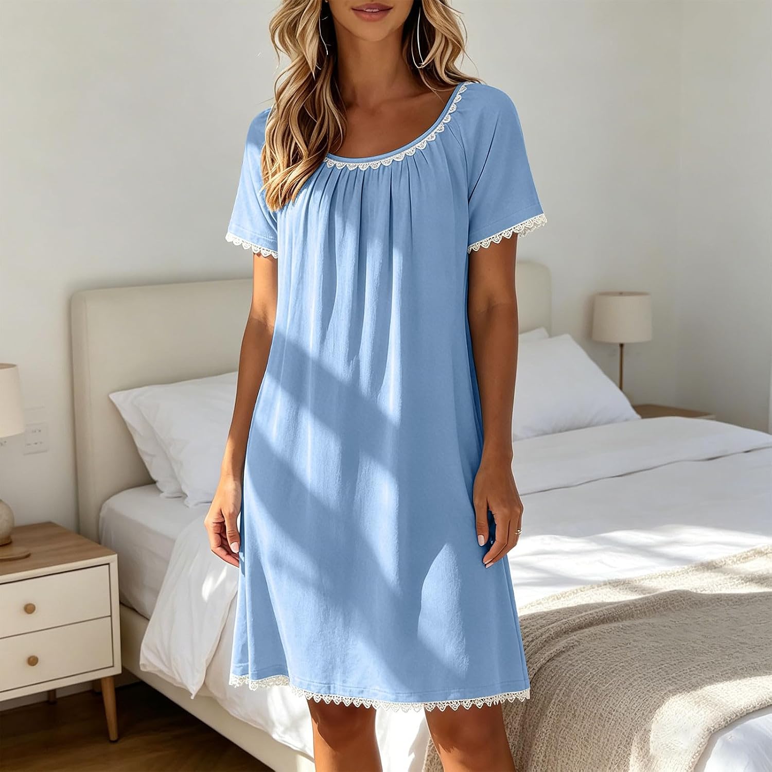 Women’s Pleated Flare-Sleeve Crew Neck Sleep Dress