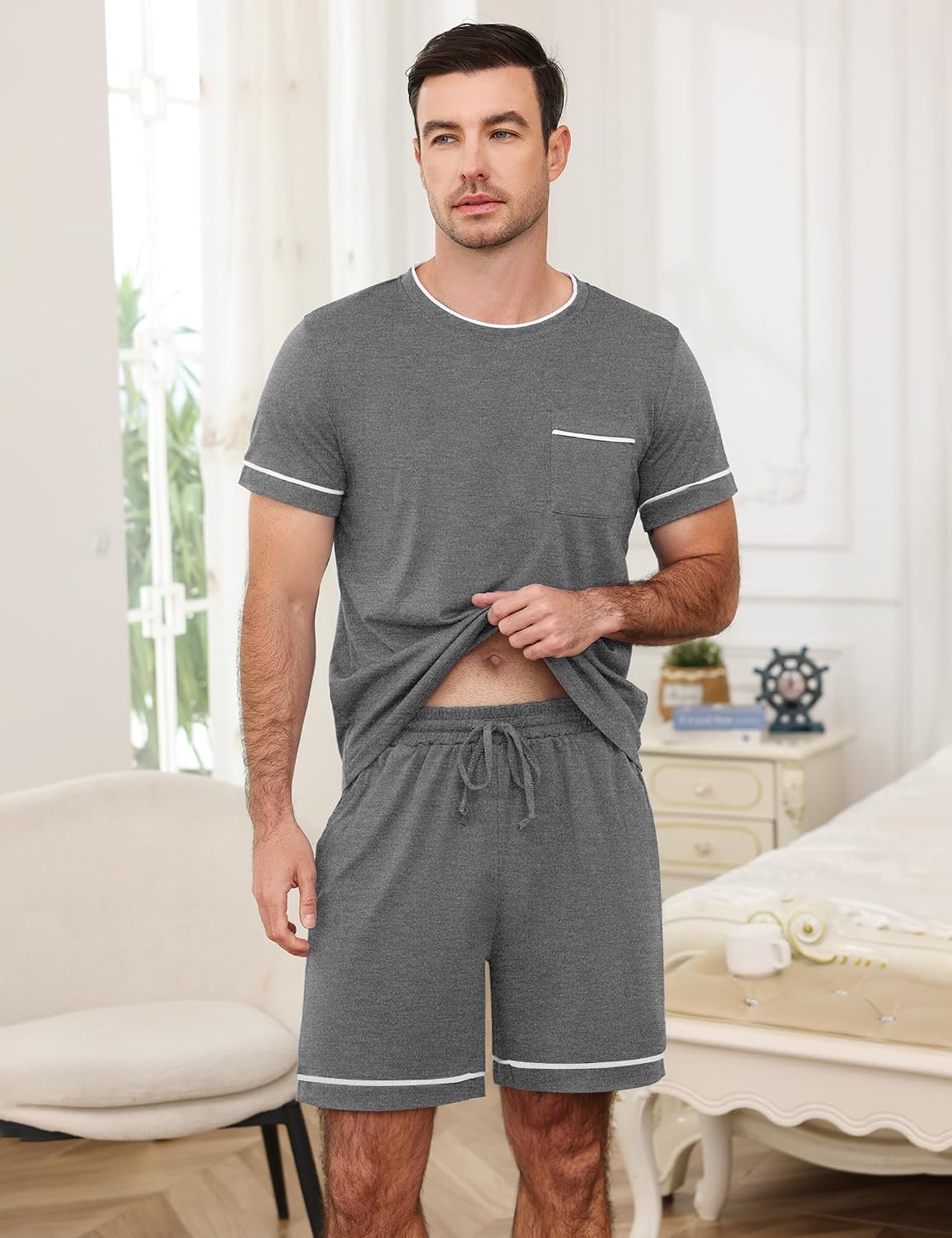 Mens Pajamas Set Cotton Shorts Set Short Sleeve Soft Sleepwear