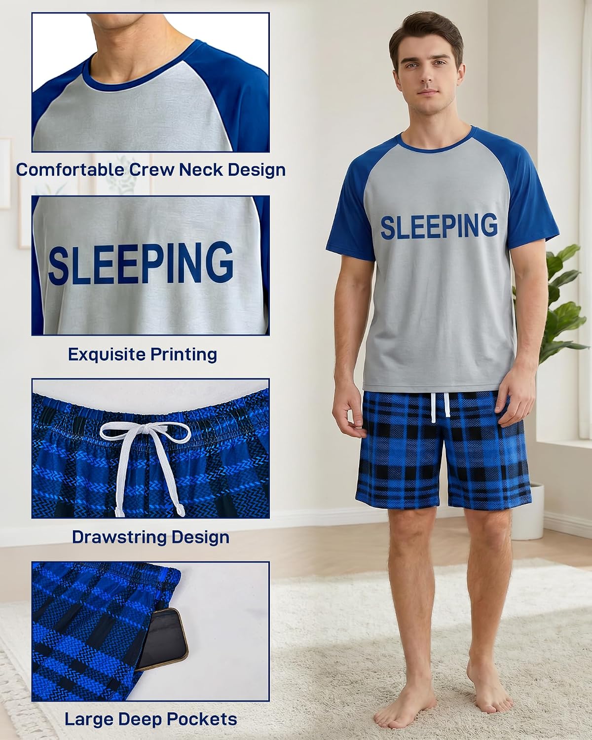 Mens Pajamas Set Soft Short Sleeve Plaid Sleepwear with Pockets