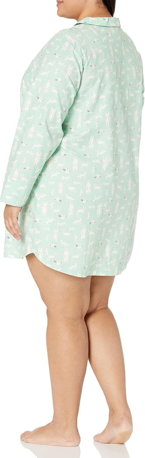 Women Woven Flannel Notch Collar Nightgown