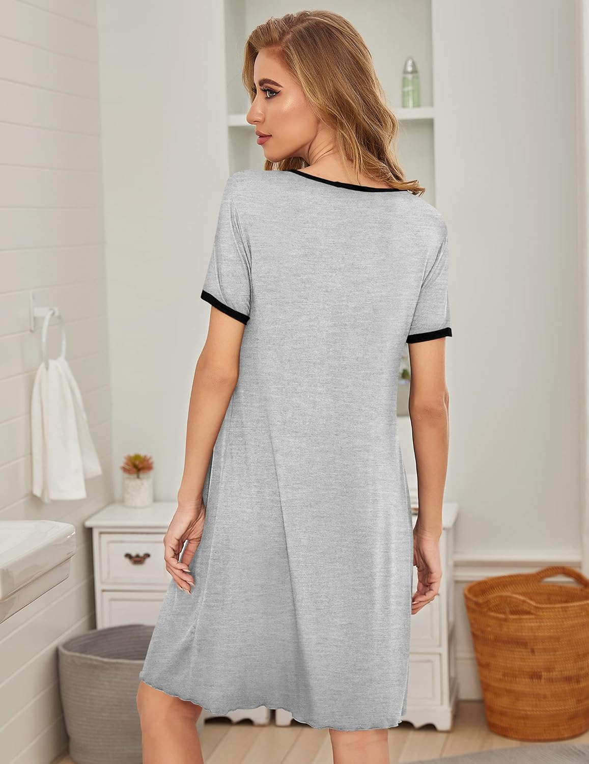 Women Short Sleeve Pleated Scoopneck Nightgown Sleep Shirt