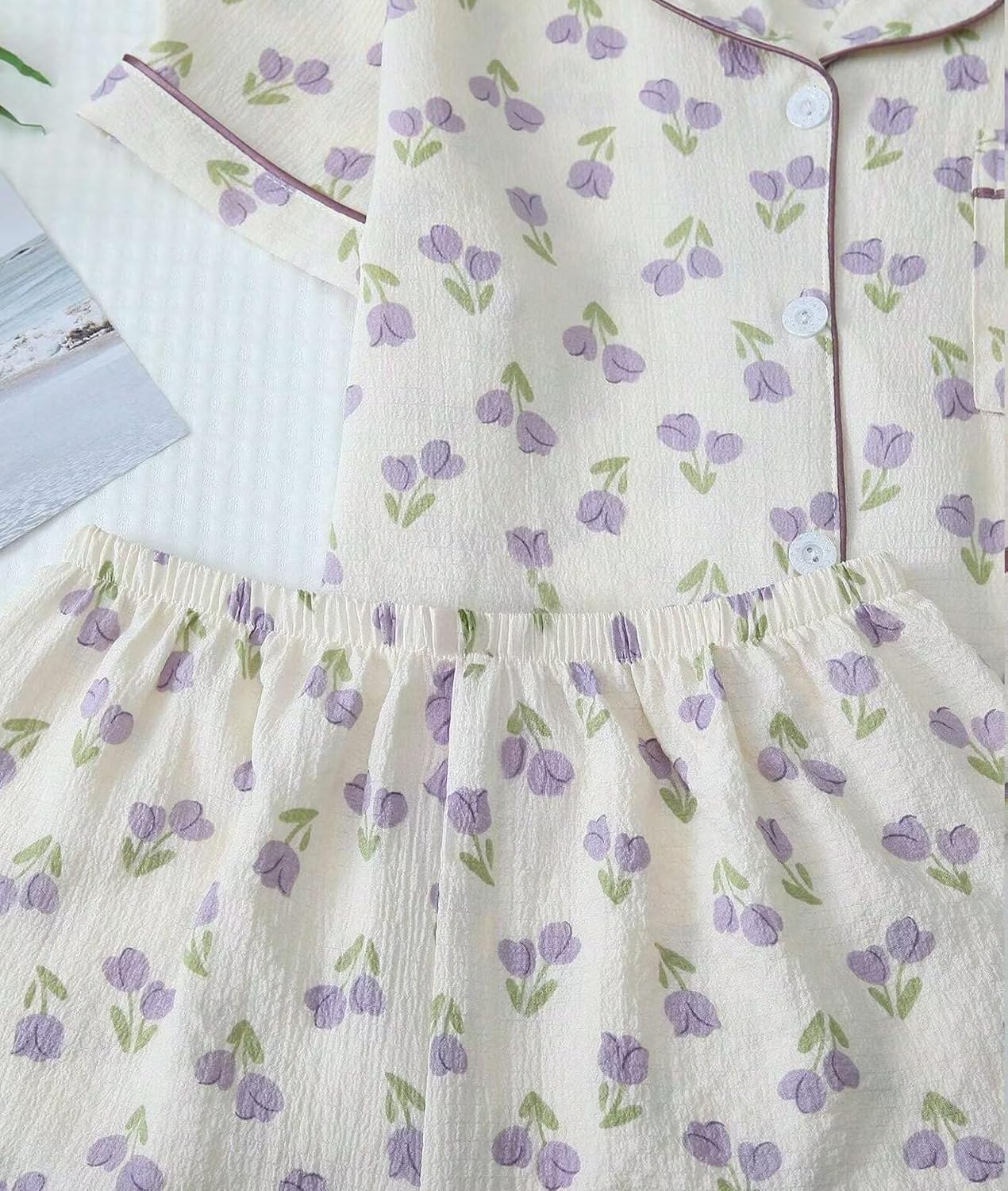 Womens 2 Piece Pajamas Sets Short Sleeve Cute Printed Sleepwear Button Down Shirt with Lounge Shorts Set