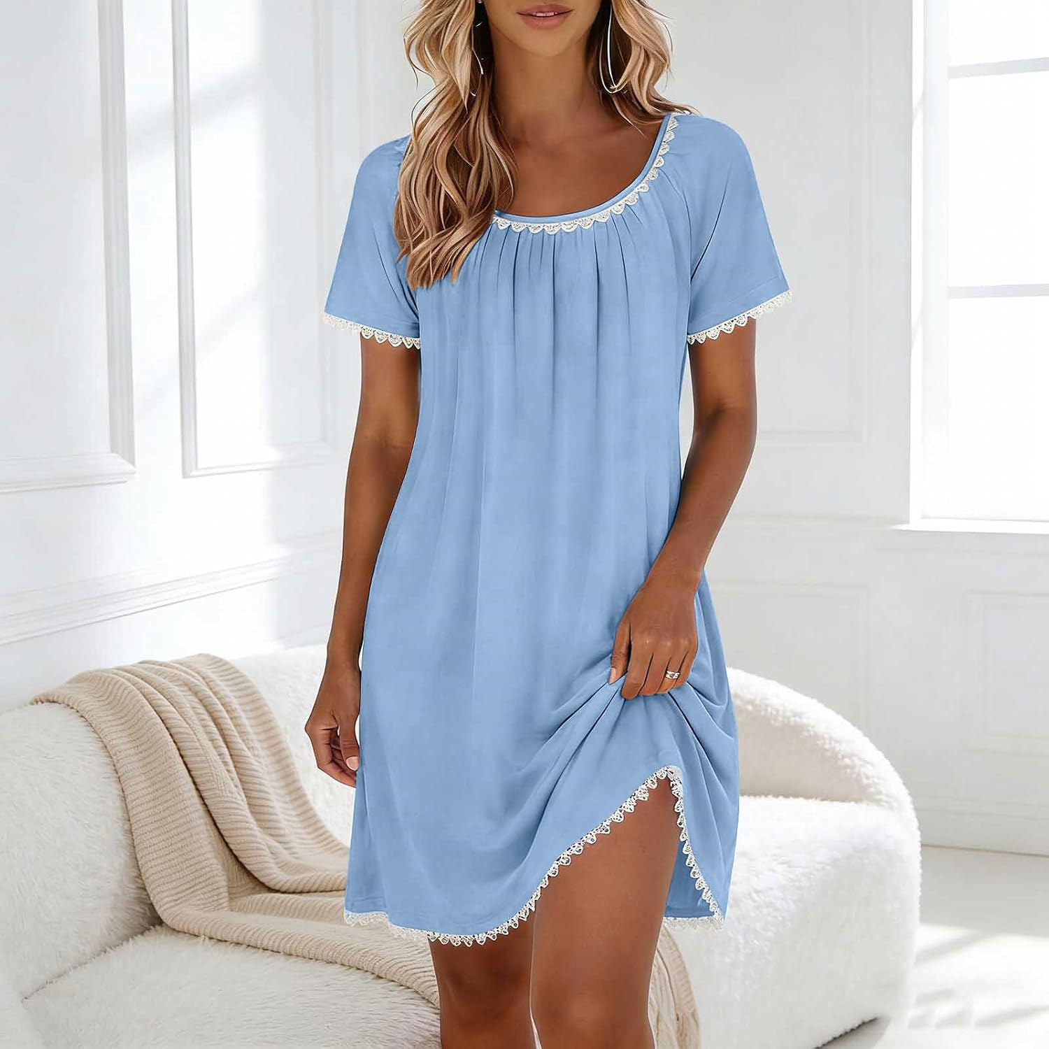 Women’s Pleated Flare-Sleeve Crew Neck Sleep Dress