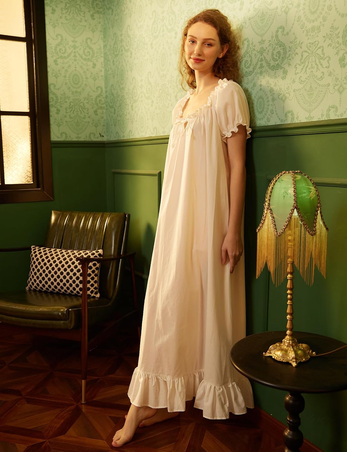 Women Cotton Vintage Victorian Nightgown Short Sleeve Lounge Dress