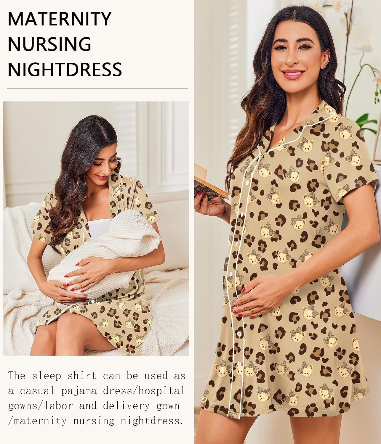 Women Button Down Nightgown Short Sleeve Notch Collar Sleep Shirt