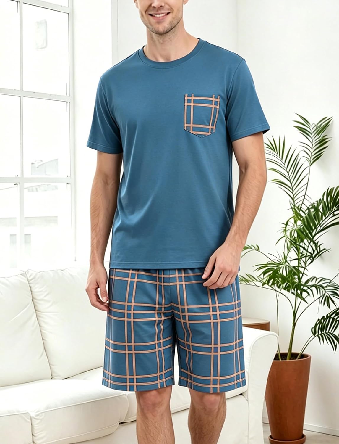 Mens Pajama Set Summer Sleepwear Short Sleeve Plaid Shorts with Pockets