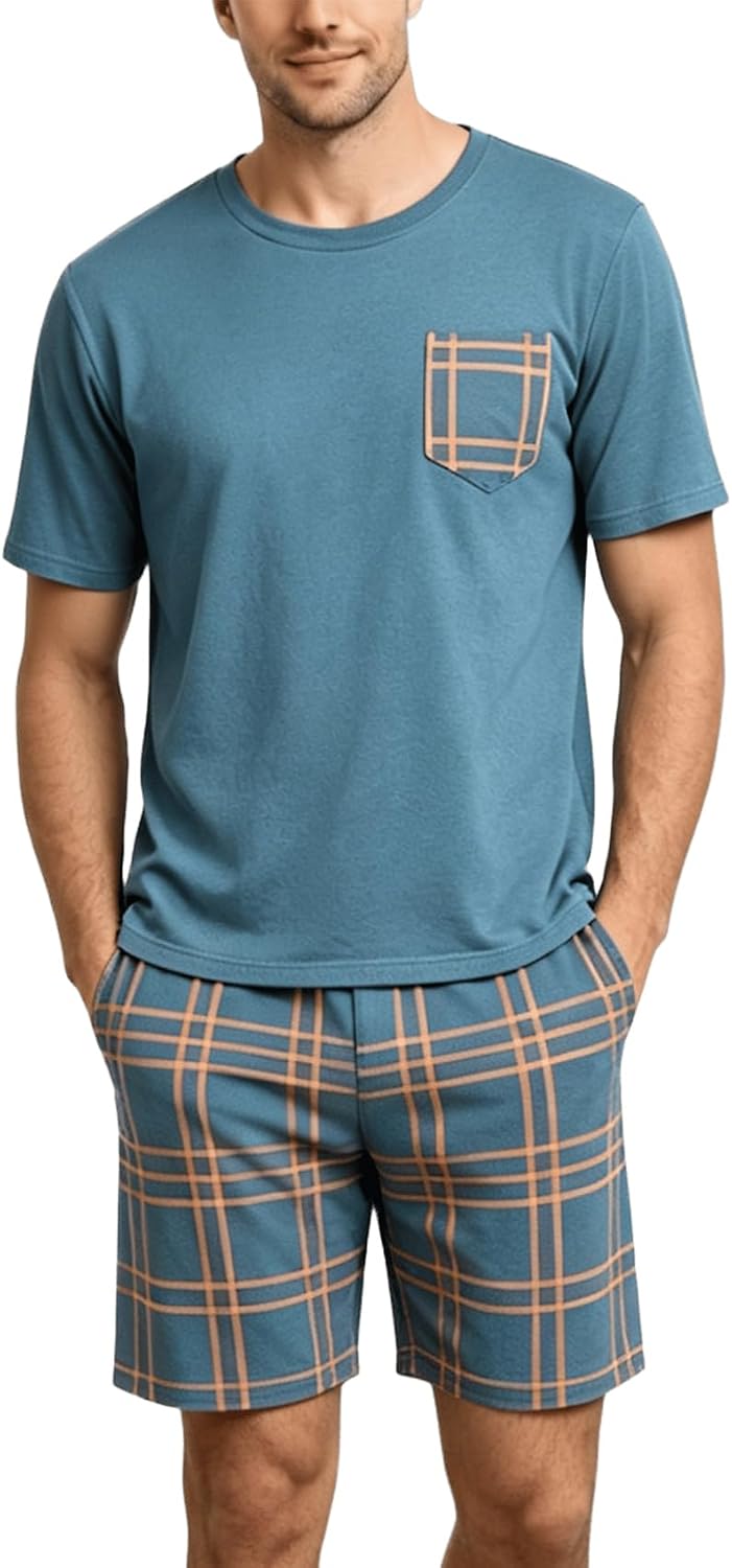 Mens Pajama Set Summer Sleepwear Short Sleeve Plaid Shorts with Pockets